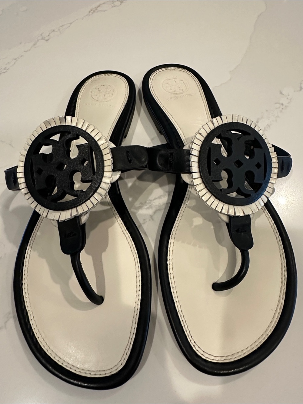 Tory Burch Fringe Miller Sandals Black White Size 9